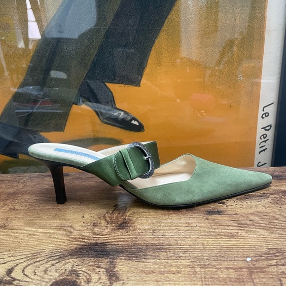 Terre Peck Italy Pointed Toe Mules with Buckle in Green Size 38.5 - Picture 4 of 4